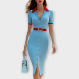Sina - Élégante Robe Crayon en Côtelé Bleu Bébé
