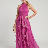 Orea | Maxikleid mit hohem Hals, gerafften Rüschenschichten