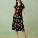 Glória - Midi Kleid Schwarz Floral