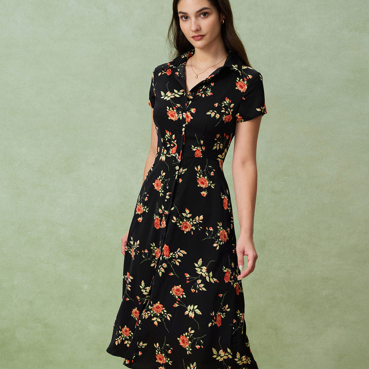 Glória - Midi Kleid Schwarz Floral