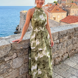 Olivia | Midi-Kleid mit geraffter Taille und abstraktem Druck