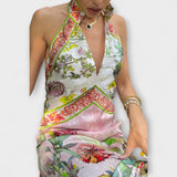 Ayla - Blumenmuster Ärmelloses Offenes Rücken Maxikleid