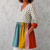Valérie | Chemise longue en lin avec des pois et des inserts en color-block