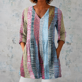 Anaïs | Chemise longue en lin avec des rayures aquarelle peintes à la main