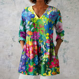 Maëlle | Blouse longue en lin avec motif floral aquarelle