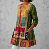 Émilie | Blouse longue en lin avec motif patchwork bohème et bords ornés