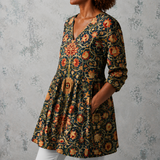 Céline | Blouse longue en lin avec motif de papier peint vintage à fleurs