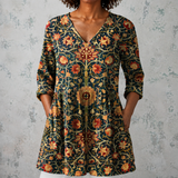 Céline | Blouse longue en lin avec motif de papier peint vintage à fleurs