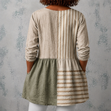 Camille™ | Blouse longue en lin avec patchwork de rayures et de blocs unis