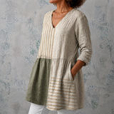 Camille™ | Blouse longue en lin avec patchwork de rayures et de blocs unis
