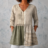 Camille™ | Blouse longue en lin avec patchwork de rayures et de blocs unis