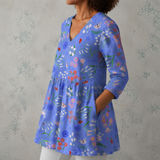 Aline | Blouse en lin longue avec imprimé de fleurs des champs et de papillons