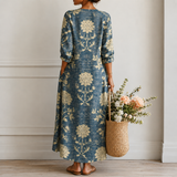 Margrit™ | Robe midi boho élégante avec imprimé floral en indigo