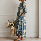 Margrit™ | Robe midi boho élégante avec imprimé floral en indigo