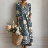 Margrit™ | Robe midi boho élégante avec imprimé floral en indigo