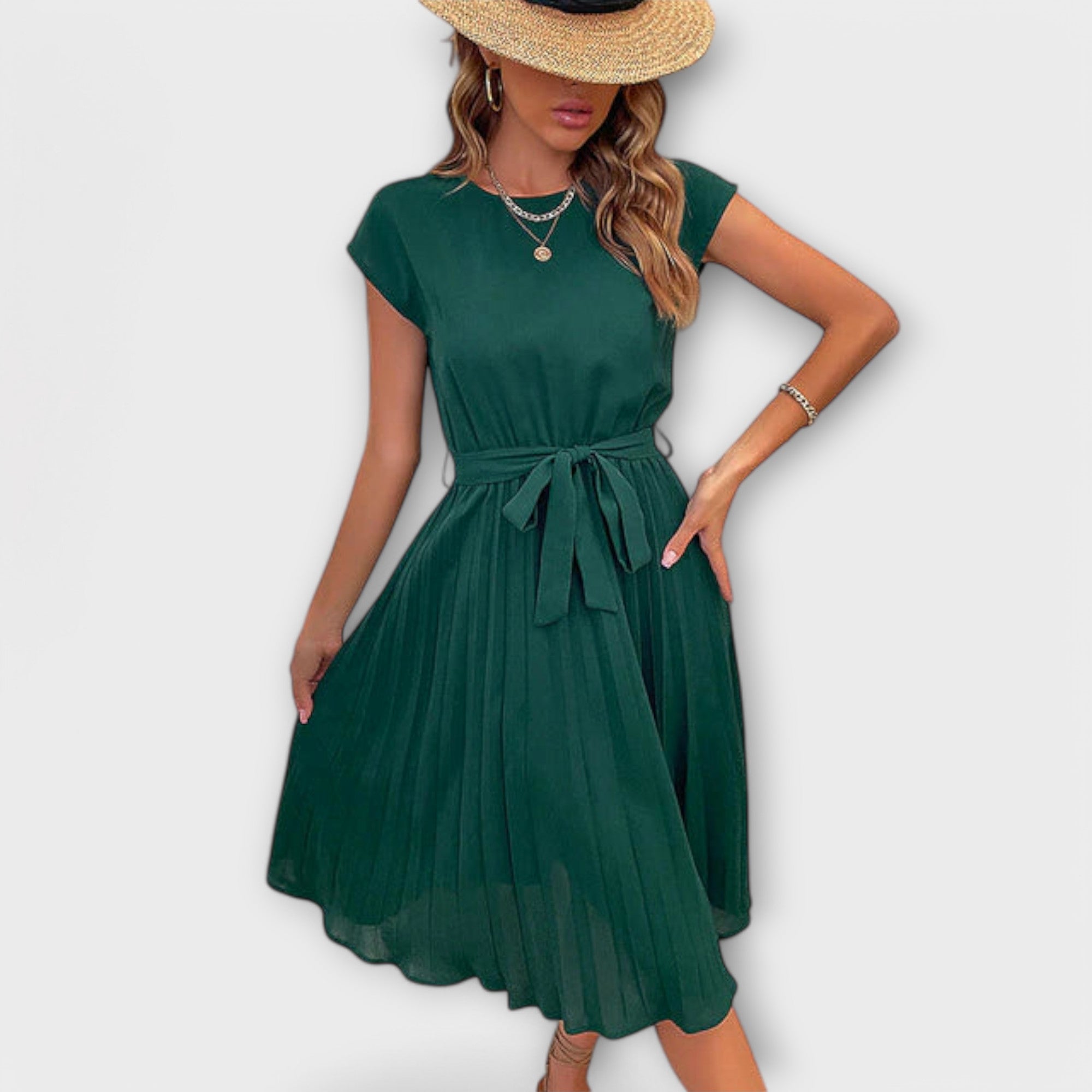 Claire - Kurzarm, gefältete, lässige Midikleid