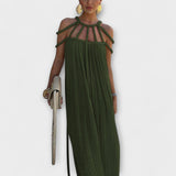 Briar - Une élégante robe maxi en tissu mélangé avec des nœuds drapés